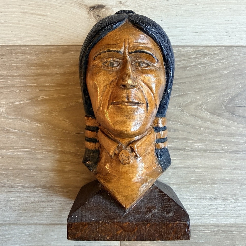 Native American Hand carved Folk Art Bust Solid Wood Vintage